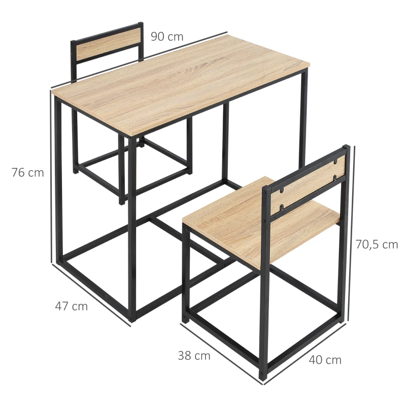 HOMCOM Conjunto Mesa e 2 Cadeiras Estilo Industrial Metal Preto Cor Carvalho Claro