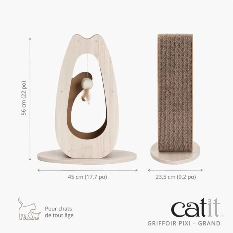 Griffoir pour chat - CATIT - Pixi Grand - Avec balle en tissu et plume - Aspect chene naturel