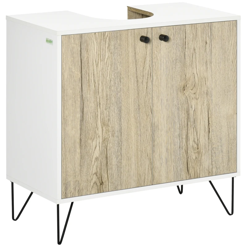 kleankin Waschbecken-Unterschrank, Badezimmermöbel mit 2 Türen, Stahlfüße, 60 x 30 x 60 cm, weiß und Naturholz
