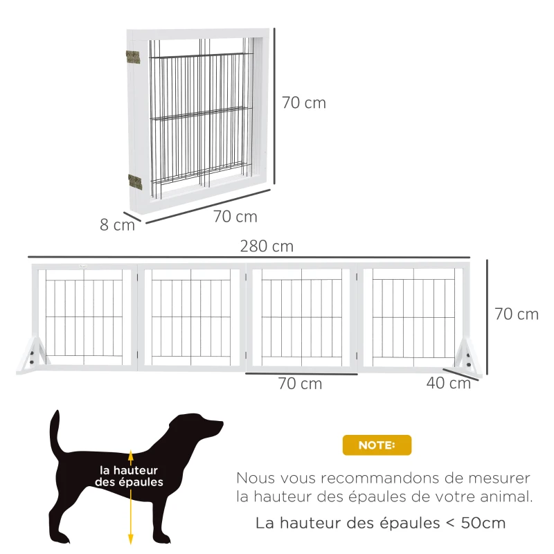 PawHut Barreira para Cães Barreira Dobrável de 4 Painéis 280x44x70 cm Branco