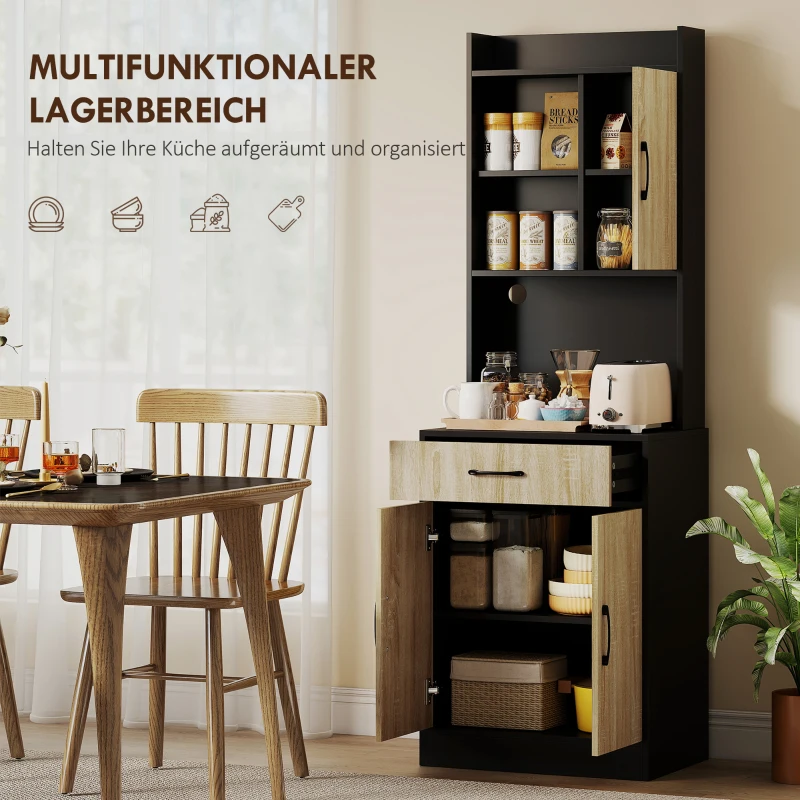 HOMCOM Küchenschrank mit Arbeitsfläche und Kabelloch, moderne Küchenkommode mit Schublade, 3 offene Regale, Naturholz, Schwarz