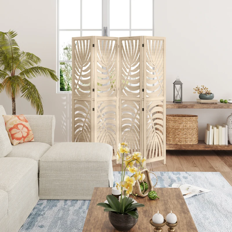 HOMCOM Biombo Interior em Madeira 4 Painéis 160x170 cm Dobrável e Portátil Padrão de Folha Design Removível Madeira Natural