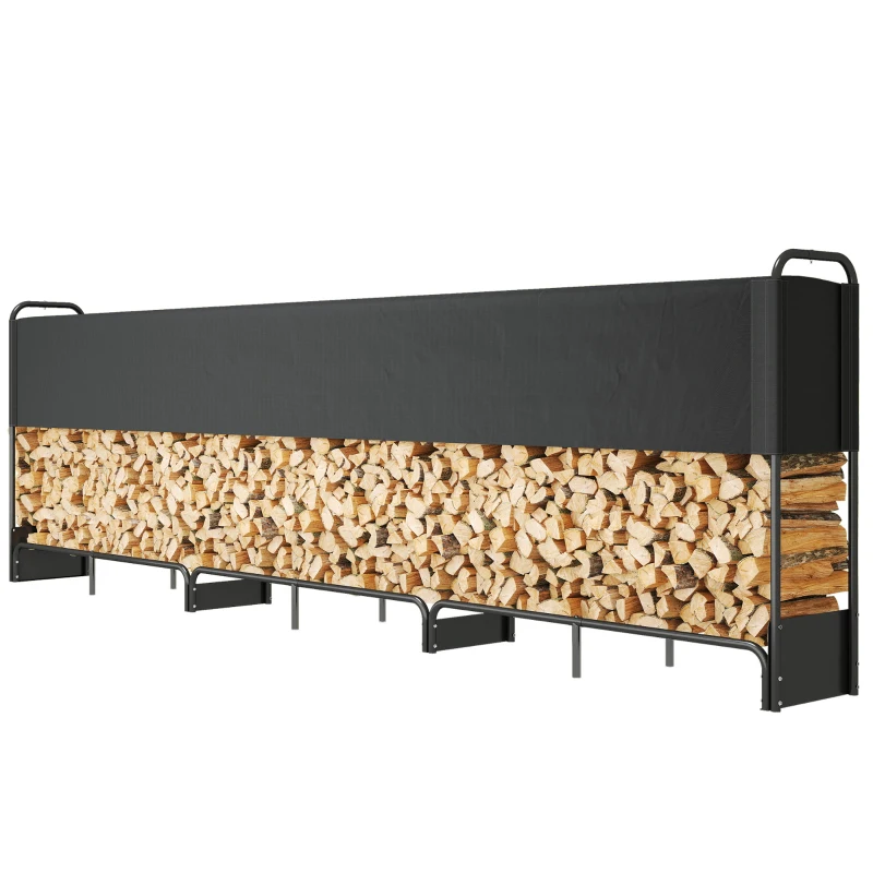 Outsunny Porta-Lenhas Exterior 389x38x118 cm Capa 600D Oxford Impermeável Suporta 300 Kg Preto