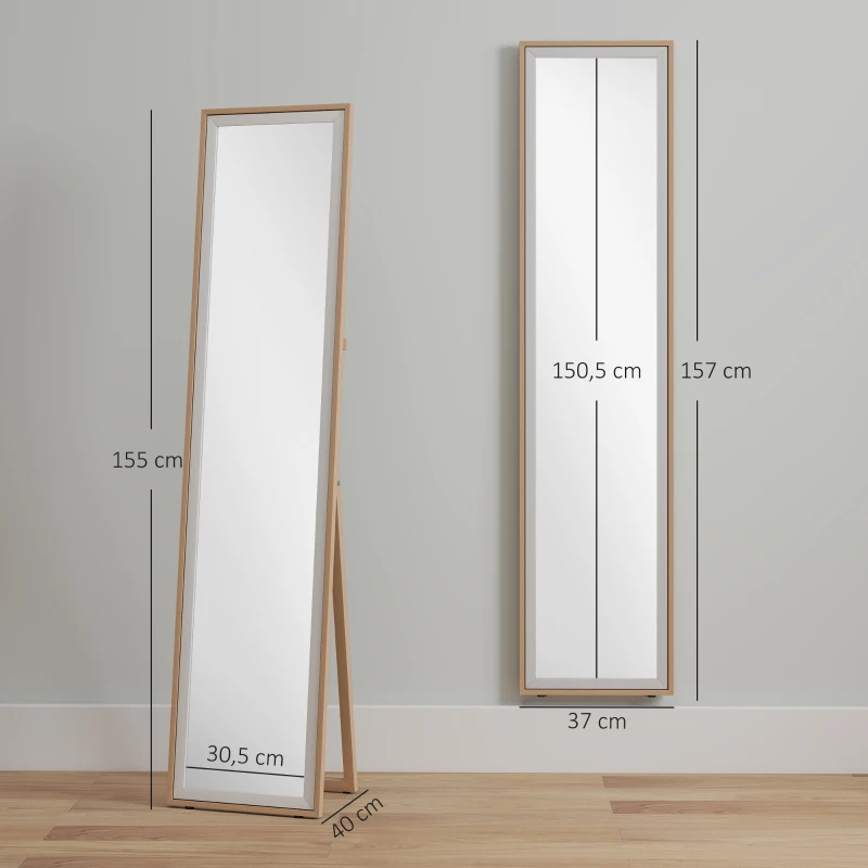 HOMCOM Espejo de Pie Cuerpo Entero con Marco de MDF Espejo de Pared Rectangular con 2 Formas de Uso 37x4x157 cm Plateado y Natural