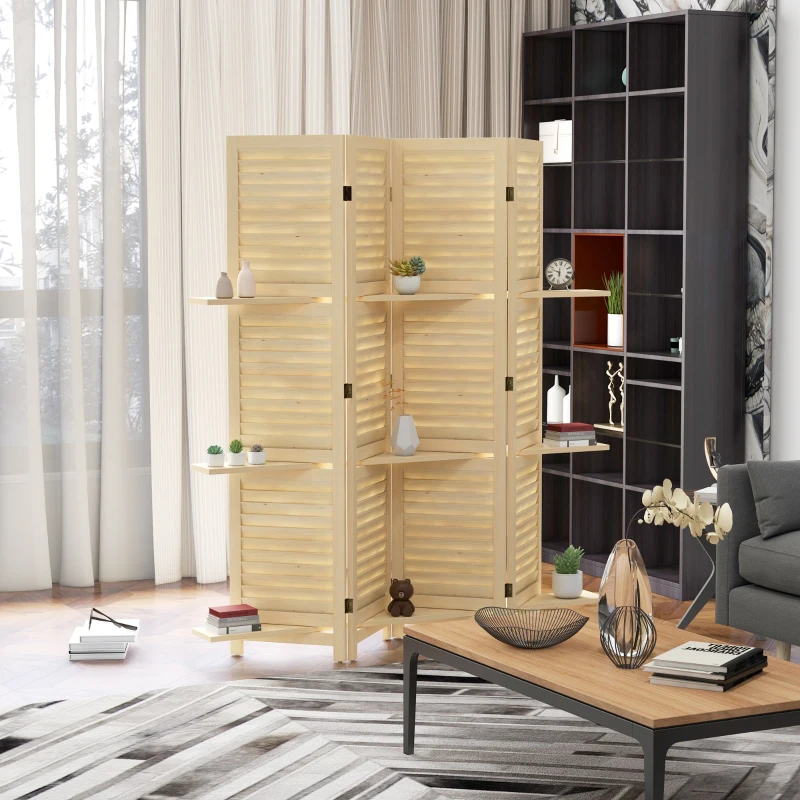 HOMCOM Biombo Interior 4 Painéis 160x170 cm 3 Prateleiras Dobráveis Portas com Persianas Natural