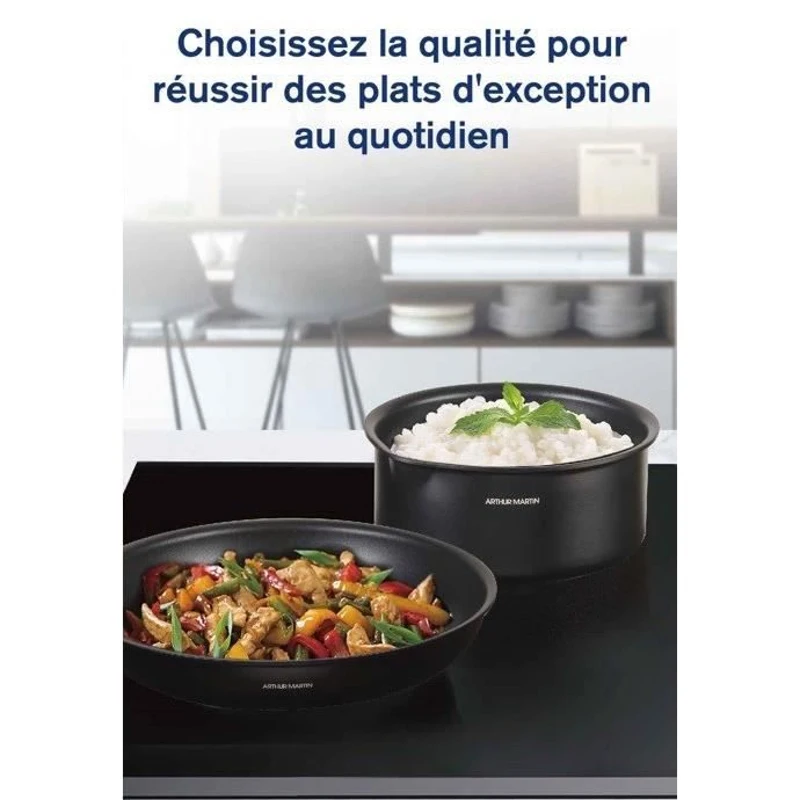 Batterie de cuisine - Tous feux dont induction - Arthur Martin - AM9582 - Aluminium - Anti-adhésif - 6 pieces - Poignée amovible
