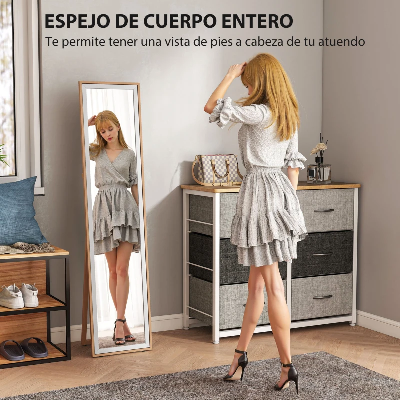 HOMCOM Espejo de Pie Cuerpo Entero con Marco de MDF Espejo de Pared Rectangular con 2 Formas de Uso 37x4x157 cm Plateado y Natural