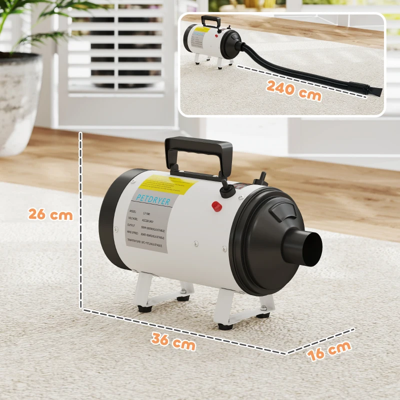 PawHut Secador de Pelo para Cães 2200W com 3 Bicos Baixo Ruído Branco