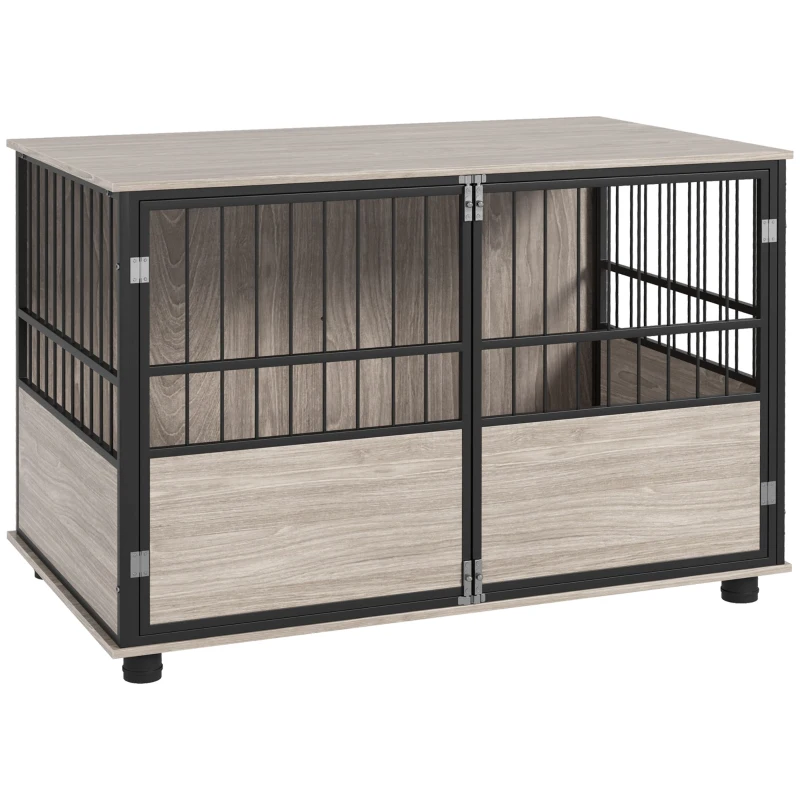PawHut Gaiola para Cães 2 em 1 Móvel com tampo 100x60x68 cm 3 portas com fecho efeito Cor Nogueira e Preto