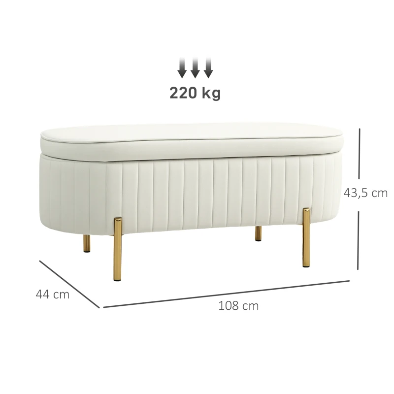HOMCOM Banco de Arrumação em Veludo 72 L Pés Dourados 108x44x43,5 cm Creme