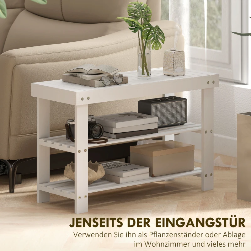 HOMCOM Schuhbank Bambus mit 2 Ablagen, Sitzbank mit Stauraum, für Flur, 70x28x45 cm, Weiß