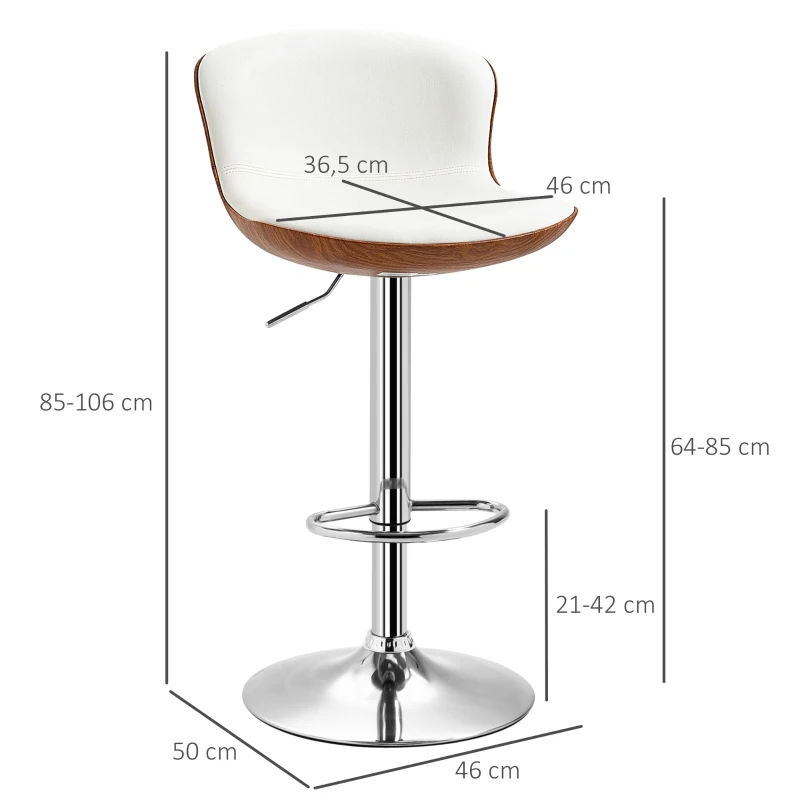 HOMCOM Conjunto de 2 Bancos de Bar Bancos Altos Giratória a 360° Altura Ajustável 46x50x(85-106) cm Creme