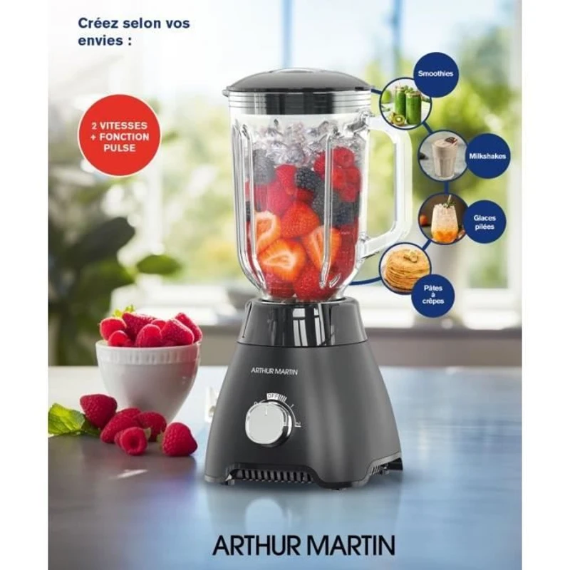 Blender - ARTHUR MARTIN - AMPB40 -Bol en verre gradué 1,5L - 400W - 2 vitesses + pulse - Gris