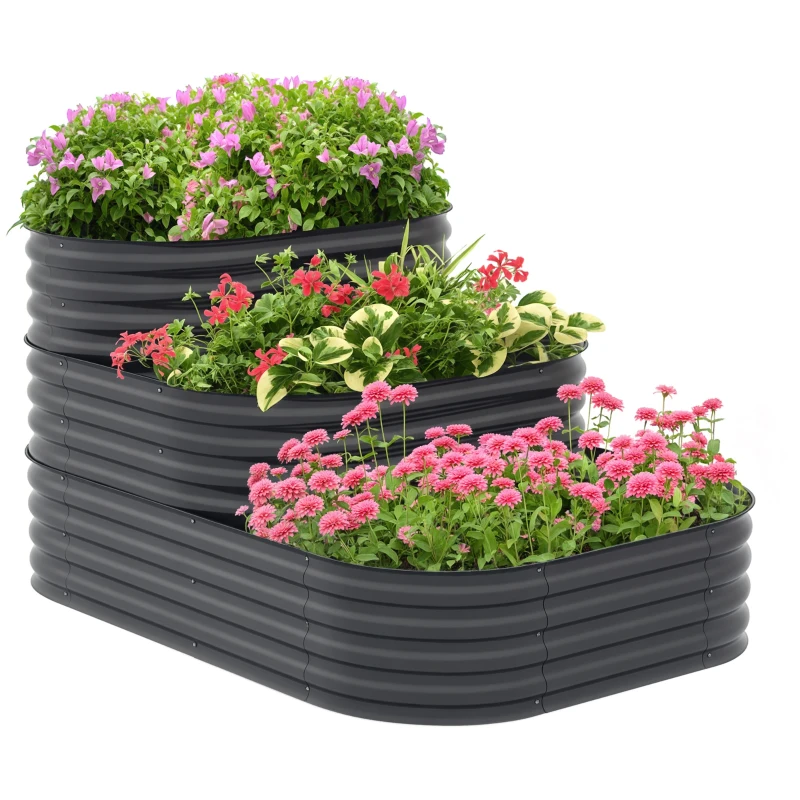 Outsunny Canteiro Elevado 3 Níveis com Fundo Aberto para Ervas Legumes e Flores 158x109x82 cm Cinza Escuro