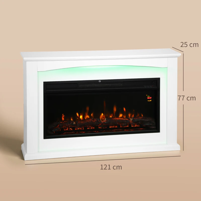 HOMCOM Lareira Elétrica 1000W/2000W Lareira Decorativa Falsa Efeito Chama com 5 Níveis de Luminosidade Ajustáveis 121x25x77cm Branco