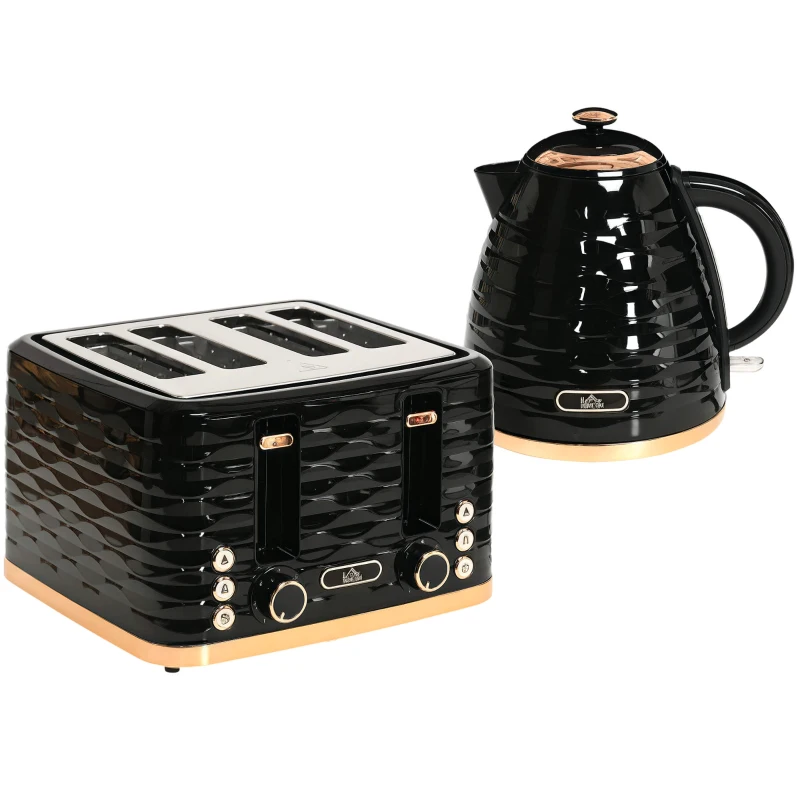 HOMCOM Kettle and Toaster Sets, 3000W 1.7L Rapid Boil Kettle & 4 Slice Toaster with 7 Browning Controls, Defrost, Reheat and Crumb Tray, Otter thermostat, Black(m-10)