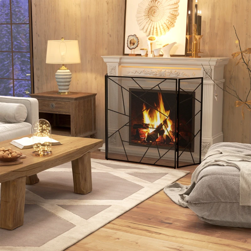 HOMCOM Frente para Lareira Dobrável de 3 Painéis em Aço com Decoração Geométrica e Pés Antiderrapantes 135x85 cm Preto