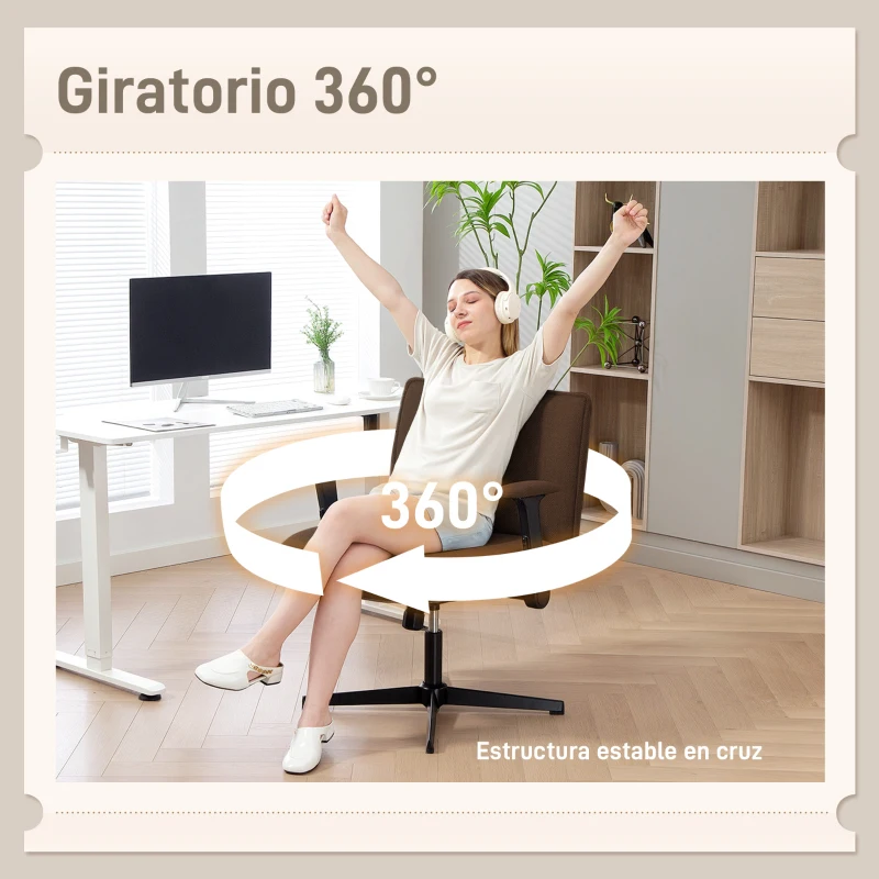 HOMCOM Silla de Oficina Piernas Cruzadas con Reposabrazos Abatible Asiento Ancho sin Ruedas Altura Ajustable Giratoria Marrón