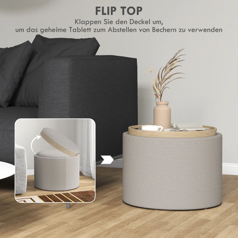 HOMCOM Hocker Polsterhocker, Leinen, versteckter Stauraum, umkehrbarer Deckel, 56cm x 56 cm x 42 cm, Hellgrau + Natur