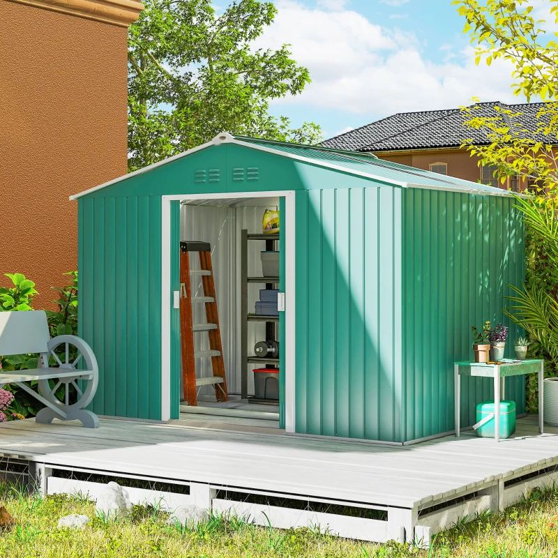 Outsunny Cobertizo de Jardín 4,9 m² 277x195x192 cm con 2 Puertas Corredizas Techo Inclinado y 4 Ventanas Verde