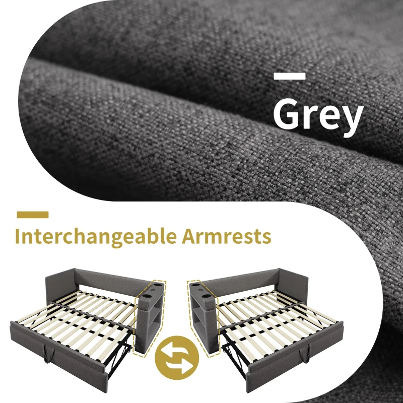 Upholstered Daybed with Pull-out Trundle and Built-in Cup Holders, Bed Frame with Armrests and Side Storage, 207L x 98W x 74H cm, Grey