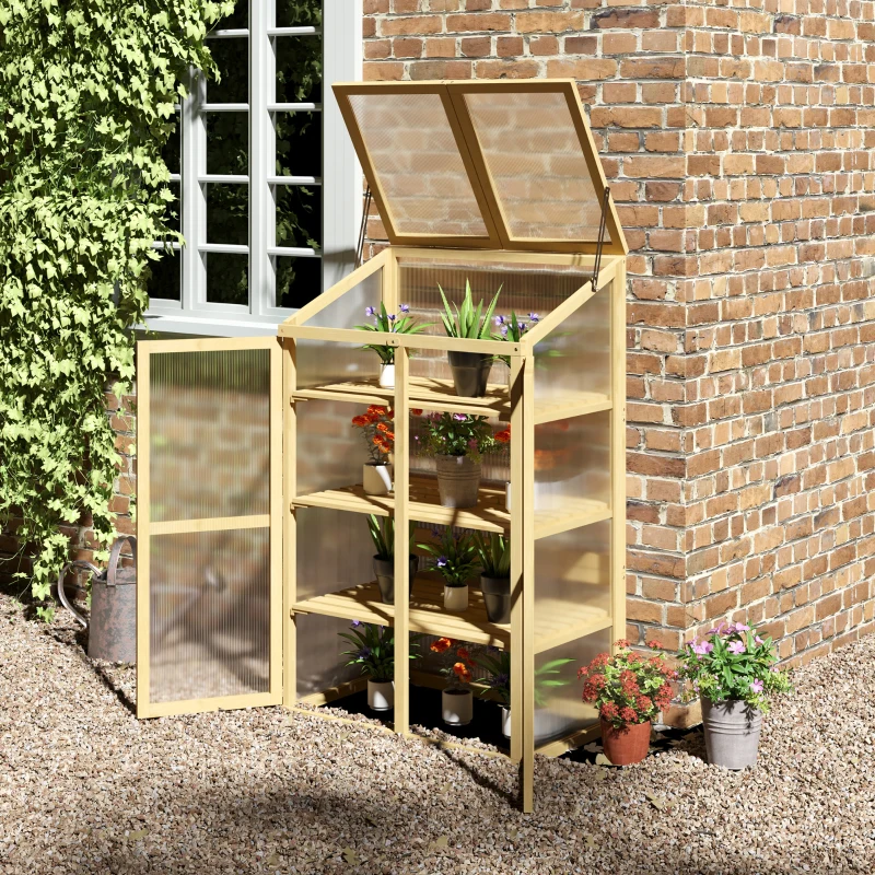 Outsunny Mini Serre de Jardin en Polycarbonate Cadre en Bois 3 étagères dim. 80L x 50l x 130H cm Double Porte Toit ouvrant Bois de Sapin lasuré Marron