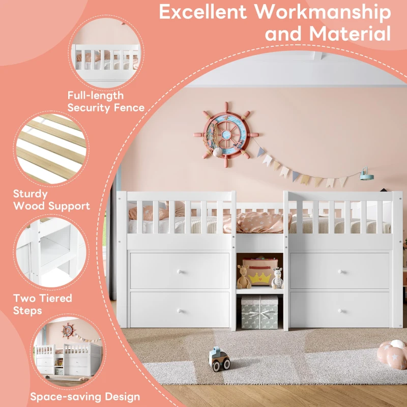 Low Loft Bed with 4 Drawers, Tiered Step Compartments, Elevated Sleeper with Full-Length Guardrail, Slatted Base, 215L x 95W x 81H cm, White