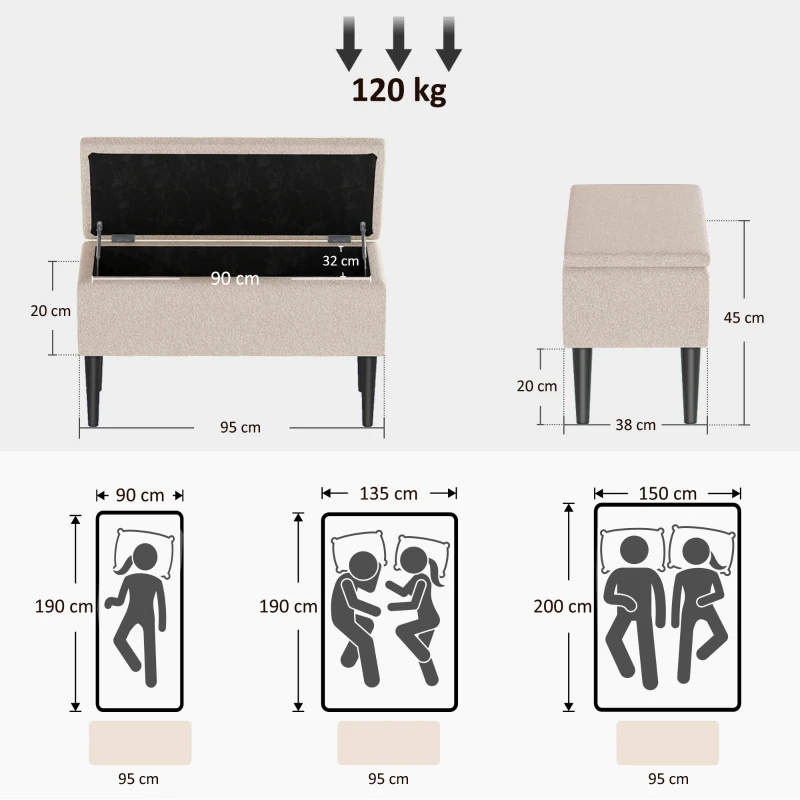 HOMCOM Scaun Modern cu Spațiu de Depozitare și Picioare din Lemn, Scaun Tapițat pentru Living sau Dormitor, 95x38x45 cm, Bej