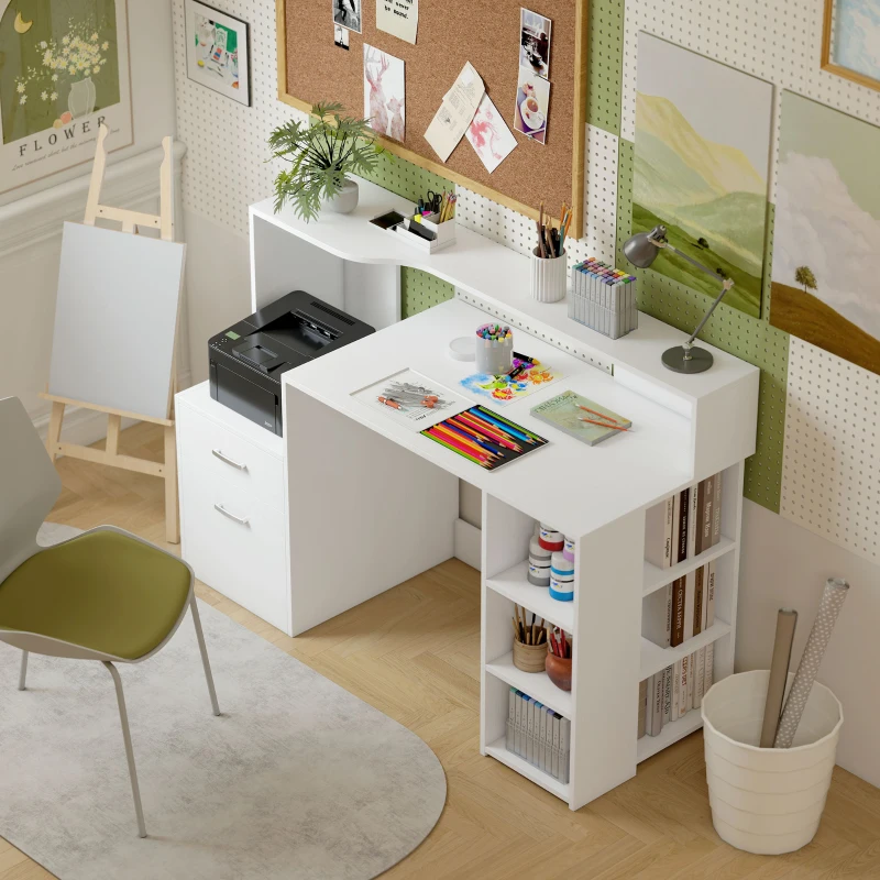 HOMCOM Secretária com Arrumação 2 Gavetas e Prateleiras Abertas 137x55x92 cm Branca