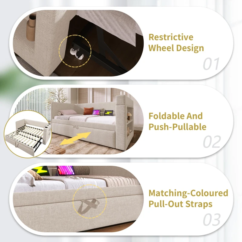 3ft Upholstered Daybed With Cup Holders, 3 USB and Type‑C Charging Ports, Single Sofa Bed for Compact Room, 207L x 98W x 74H cm, Beige