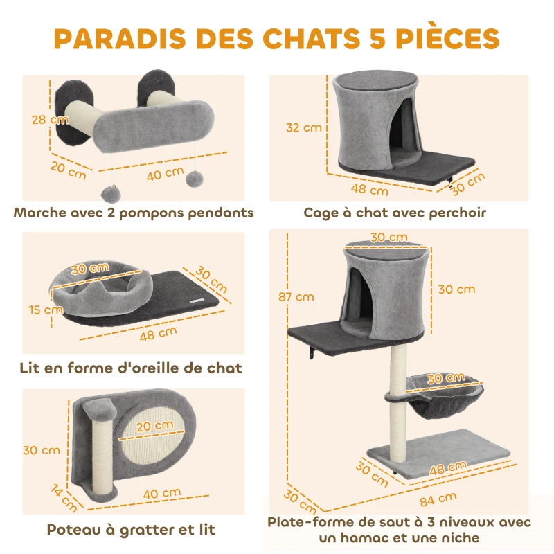 PawHut Conjunto de Prateleiras para Gatos de 5 Peças com Hamac e 2 Tocas Arranhadores em Sisal Cinza