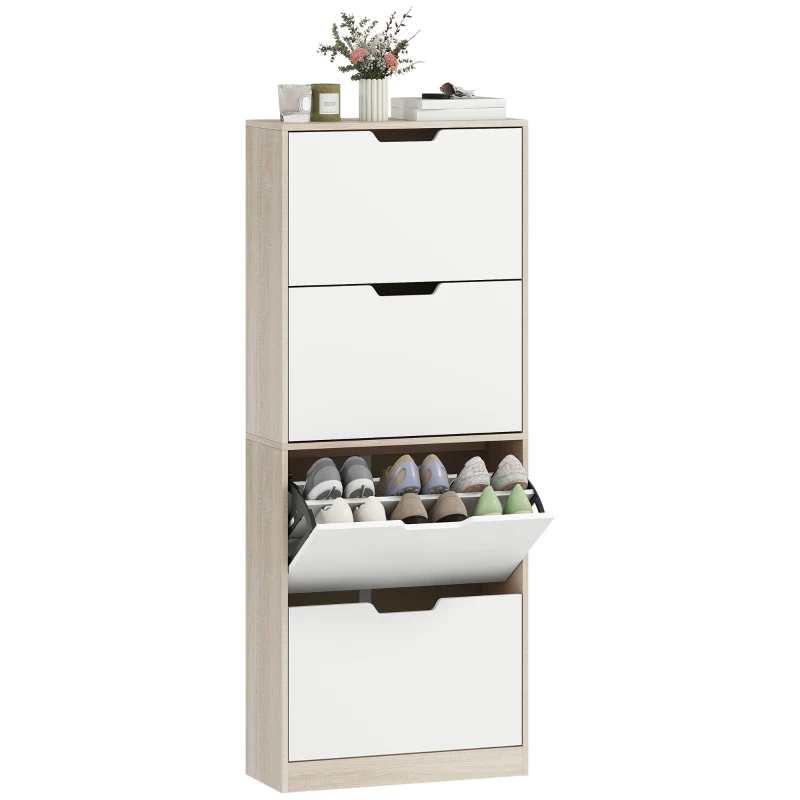 HOMCOM Dulap Subțire pentru Pantofi cu 4 Sertare pentru 16 de Perechi de Pantofi 62.5x26x156 cm, Culoare Lemn și Alb