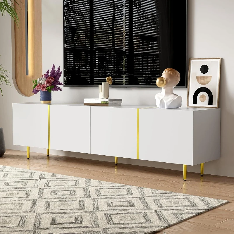 High-gloss TV Cabinet with 4 Soft-close Doors, Generous MDF Storage, Durable TV Stand for Elegant Living Room, 170L x 35W x 46H cm, White