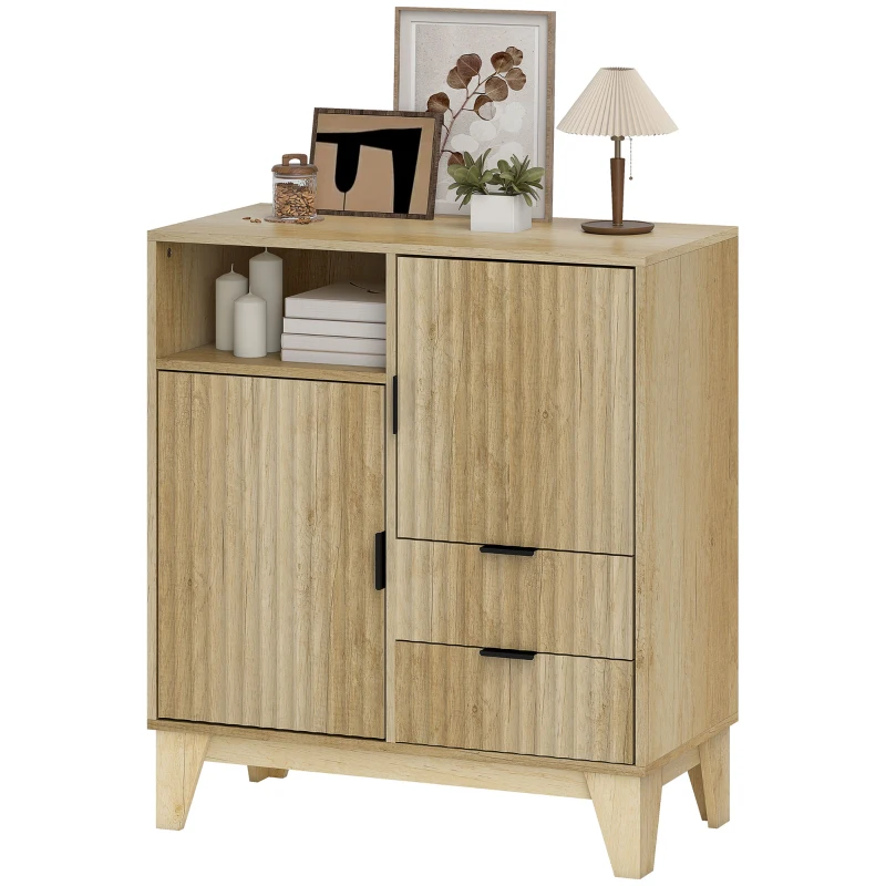 HOMCOM Sideboard mit 2 Türen & 2 Schubladen, Soft-Close, 80×40×90 cm, Naturholzoptik