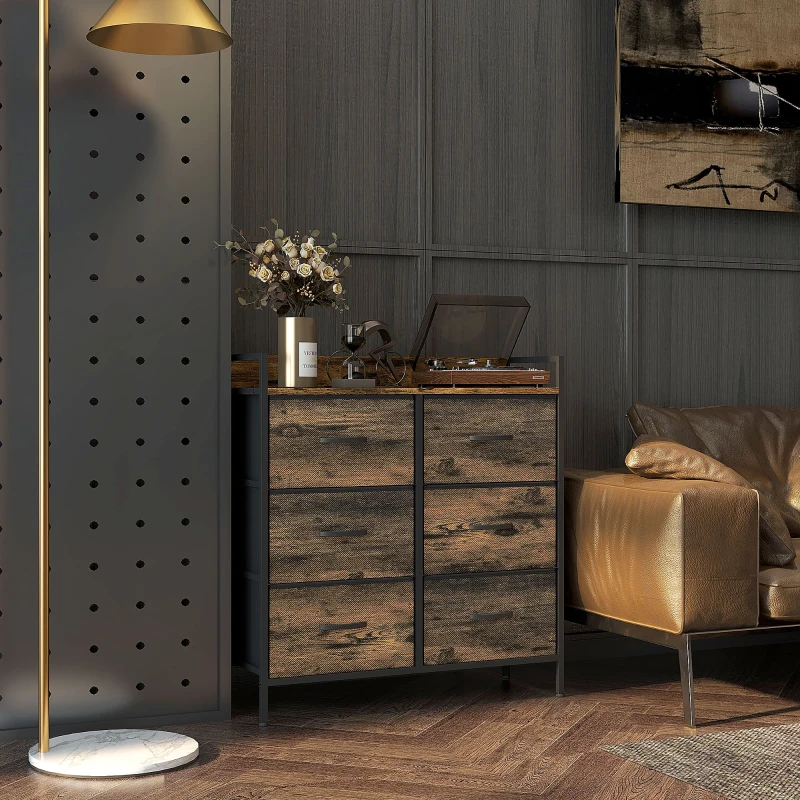 HOMCOM Kommode 6 Schubladen | Stoffschubladen & Stahlgestell | Industrial 79 x 29 x 85 cm, Rustikabraun