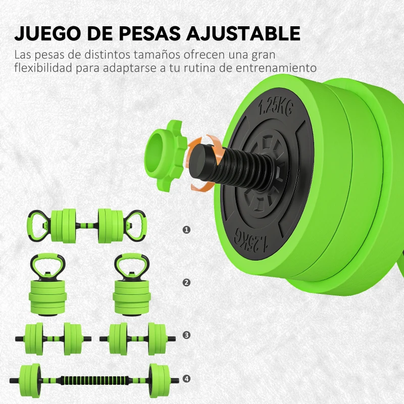 SPORTNOW Kit de Gimnasio 4 en 1 con Barra de Pesas Mancuernas Kettlebell para Entrenamiento de Fuerza en Casa Color Verde y Negro