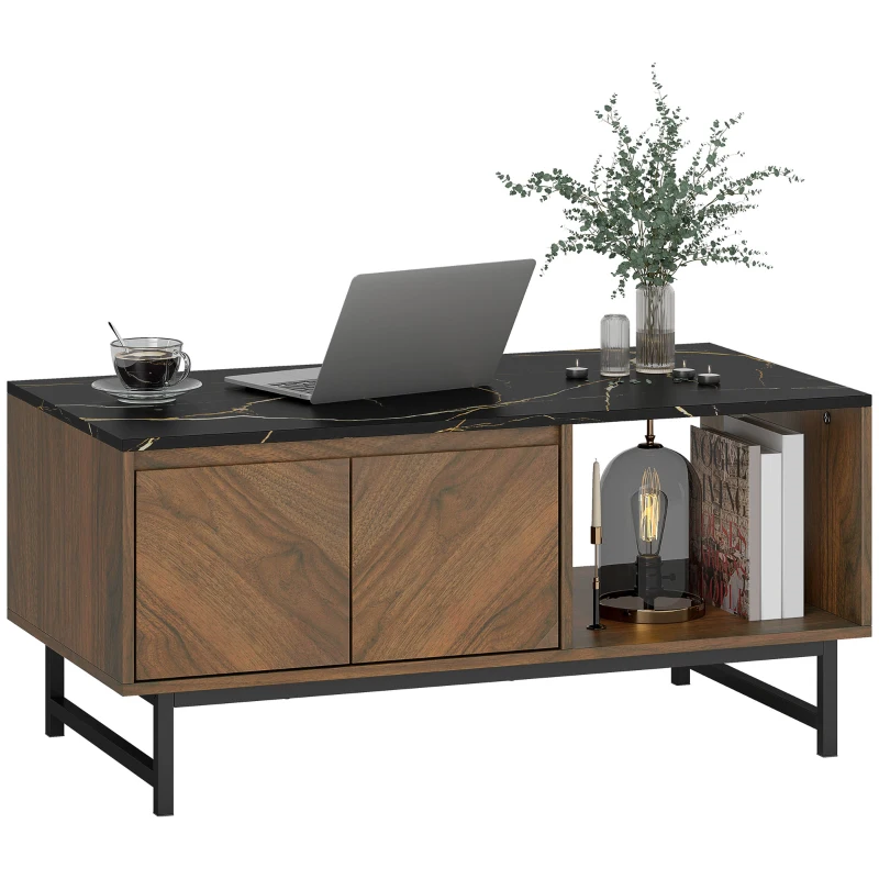 HOMCOM Mesa de Centro com Tampo Efeito Mármore e 2 Casas 100x50,8x45,7 cm Cor Nogueira