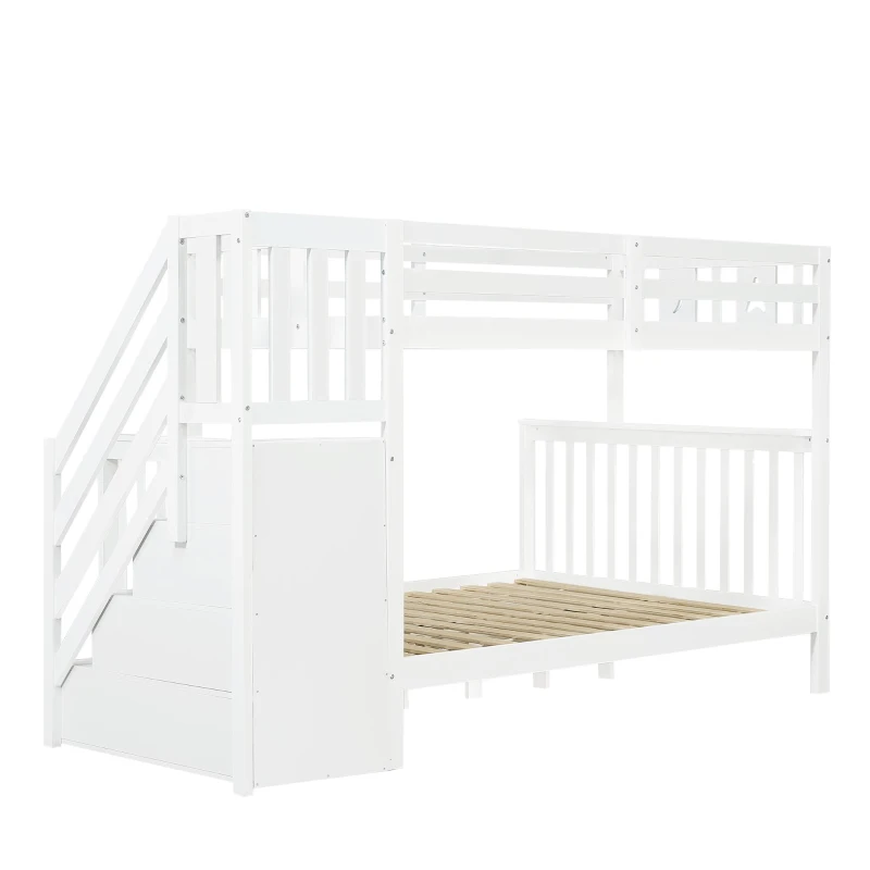Children's Bunk Bed with Staircase, Drawer Storage, Slatted Base, Solid Wood Frame for Compact Room, 225L x 140W x 150H cm, White