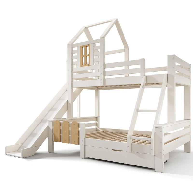 3-in-1 Cabin-style Bunk Bed with Slide and Storage Drawer, Solid Wood and MDF Frame, Durable Sleeper for Kids, 240L x 189W x 230H cm, White