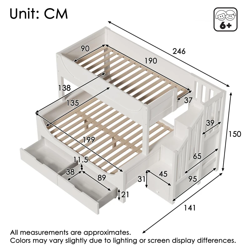 Children's Bunk Bed with Under-bed Pull-out Drawer, Ladder Cabinet Storage, Staircase Sleeper for Living Room, 246L x 141W x 150H cm, White