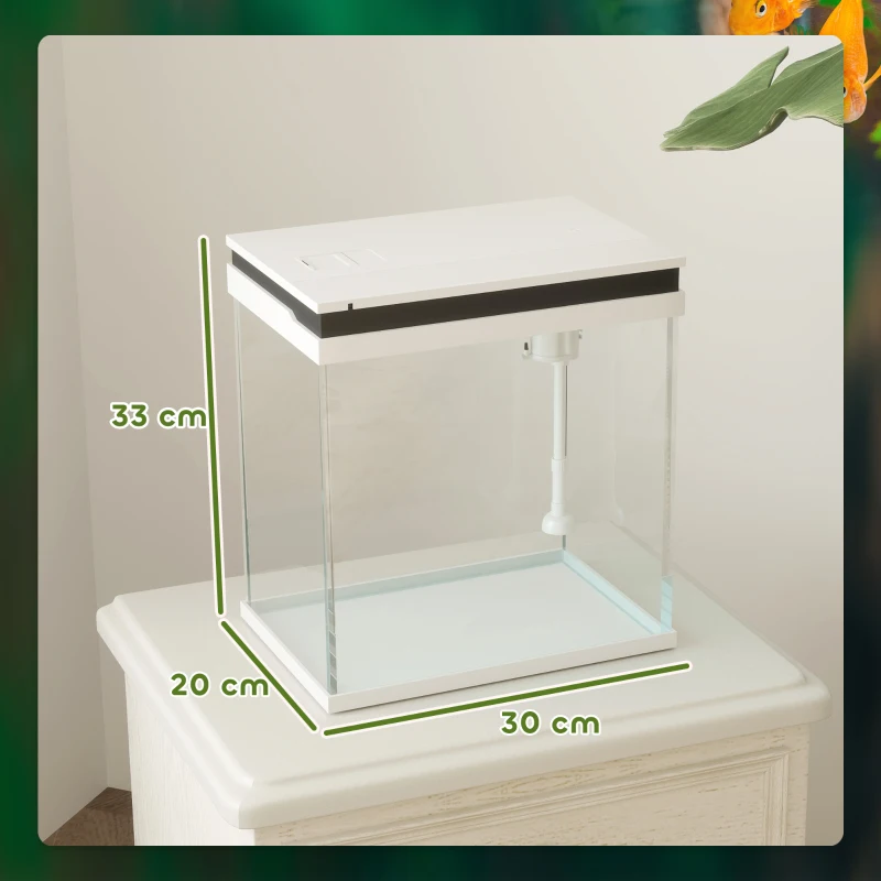 PawHut Aquário de Cristal de 14 L Aquário Pequeno com Sistema de Filtração Iluminação LED 30x20x33 cm Branco