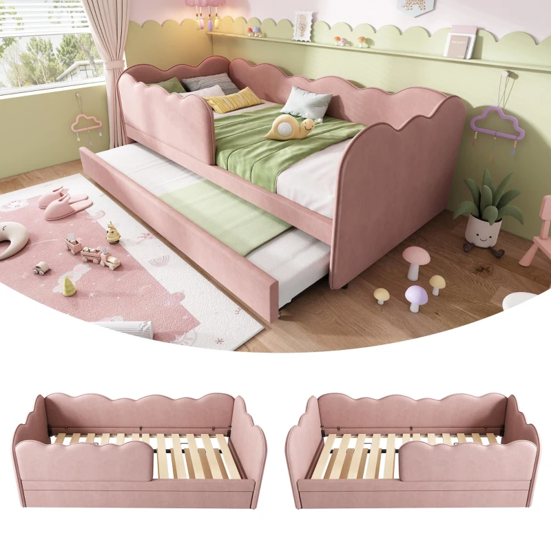 Upholstered Daybed with Pull-Out Trundle, Iron Frame and 2 U‑Shaped Bars, Bed Frame with Thick Foam Backrest, 197L x 99W x 70H cm, Pink