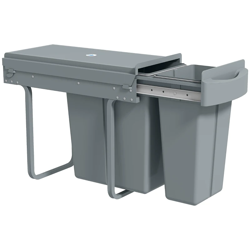 HOMCOM Ausziehbarer Mülleimer, Küchenmüllbehälter mit 2 herausnehmbaren Eimern, Griff, 30 Liter (20 L+10 L), Metall, Grau