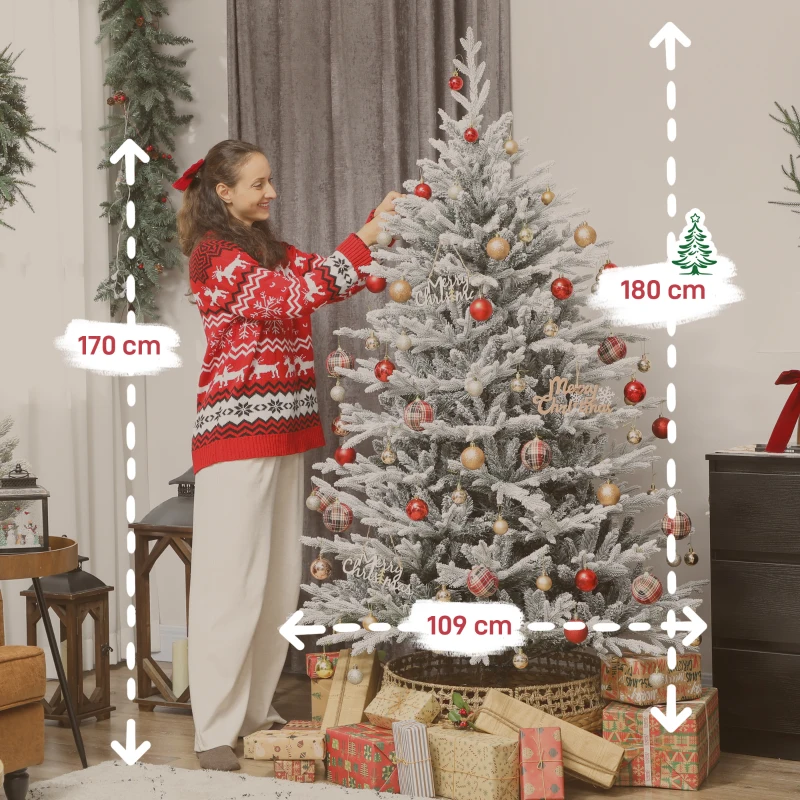HOMCOM Künstlicher Weihnachtsbaum 180 cm künstlich Tannenbaum mit Schnee, 1976 Spitzen für drinnen