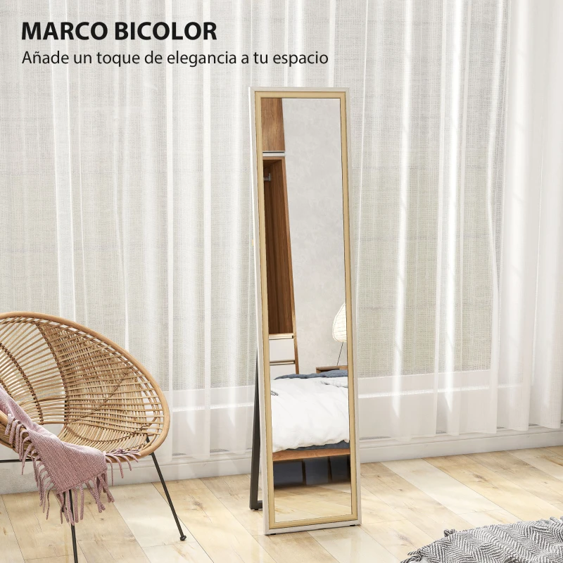 HOMCOM Espejo de Cuerpo Entero 157x37 cm con Marco Bicolor Espejo de Pie Inclinado o Colgante Blanco y Natural