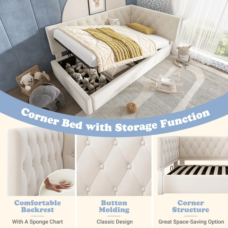 Daybed Upholstered Single Sofa Bed with Hydraulic Ottoman Storage, Bed Frame with Reversible Headboard, 196L x 100W x 77H cm, Beige