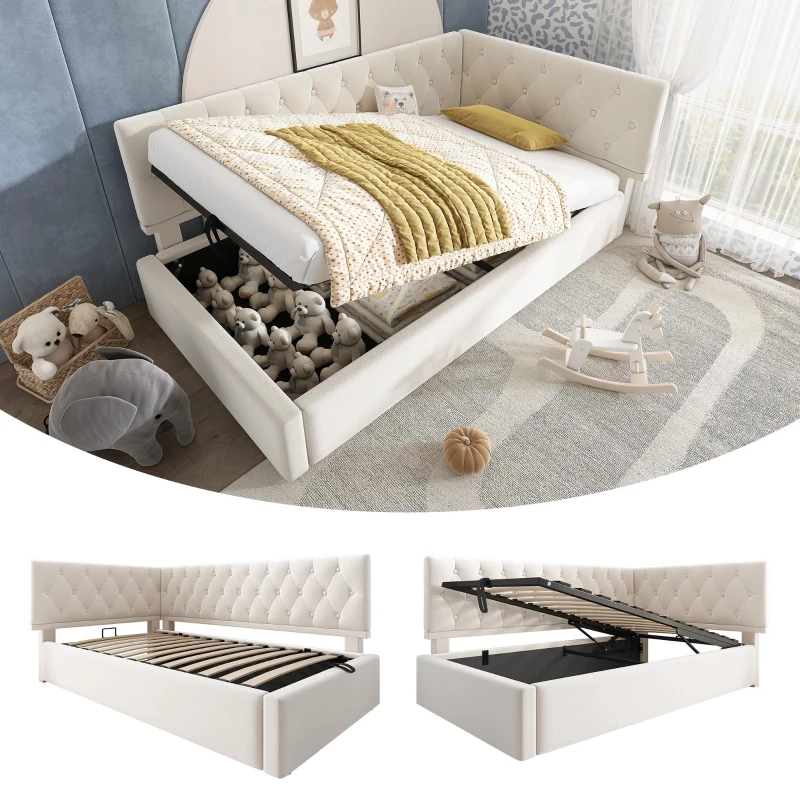 Daybed Upholstered Single Sofa Bed with Hydraulic Ottoman Storage, Bed Frame with Reversible Headboard, 196L x 100W x 77H cm, Beige