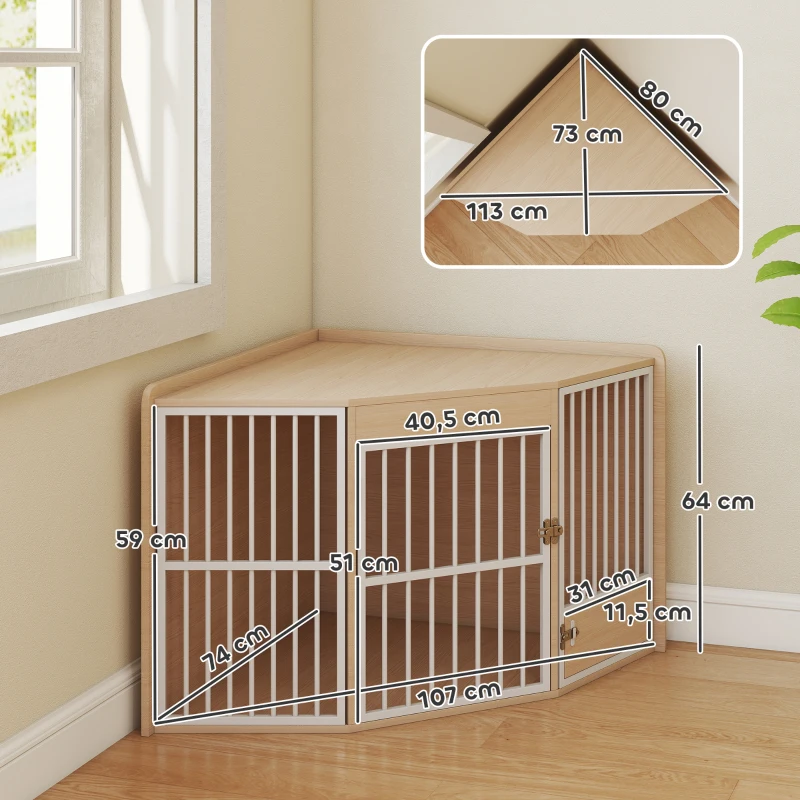 PawHut Gaiola para Cães 2 em 1 Mesa Auxiliar com Porta Giratória para Cães Pequenos e Médios 113x80x64 cm Cor Carvalho e Branco
