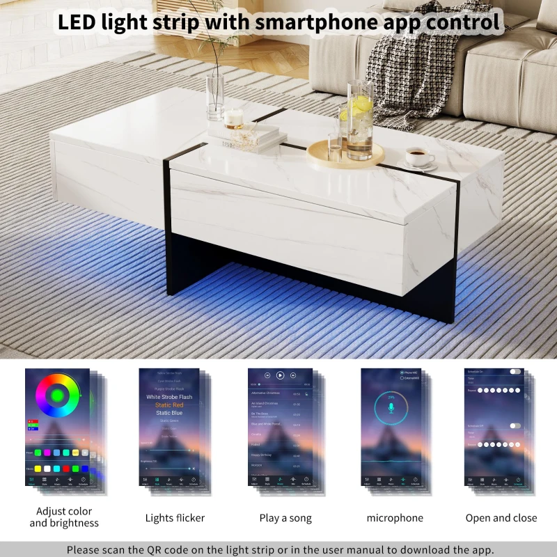High-Gloss Coffee Table with App-Controlled Colour-Changing LED Lighting, Tea Table with 3 Drawers, 100L x 50W x 34.5H cm, Black+White