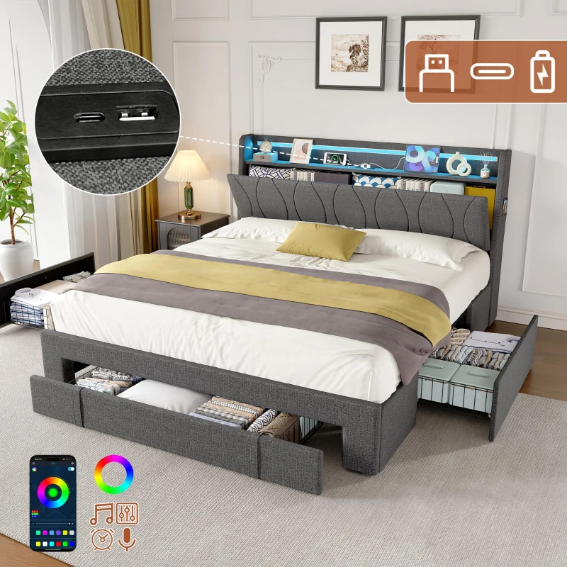 4ft6 Double Upholstered Bed with 3 Drawers, Charging Station, Sturdy Headboard with App-controlled RGB LED, 213L x 142W x 106H cm, Grey